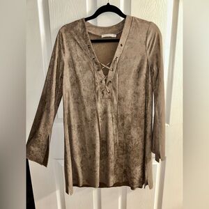 Lush Brown Lace-Up Long Sleeve Dress